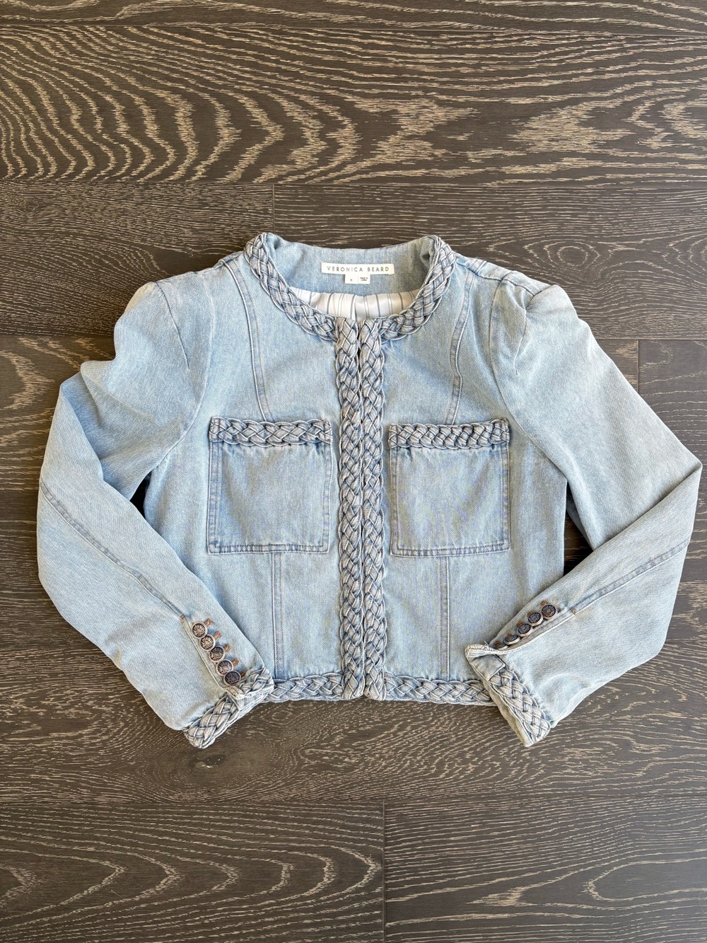 Auth Veronica Beard Braided Trim Light Wash Denim Jacket